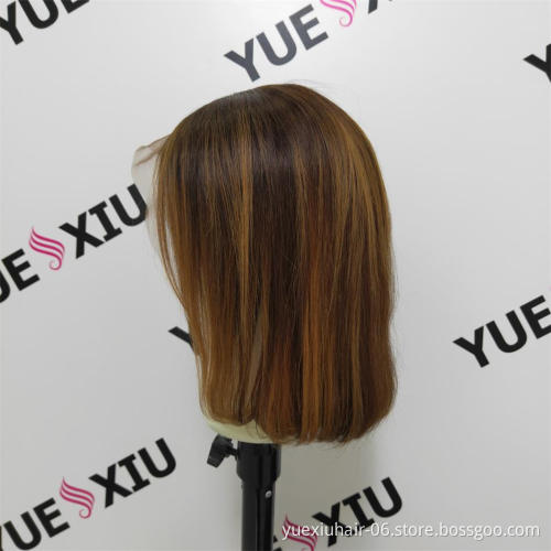 Short Bob Highlight 4/27 Color Human Hair Natural Lace Front Wigs Brown Ombre Remy Hair Pre-Plucked Swiss Lace Highlight Bob Wig